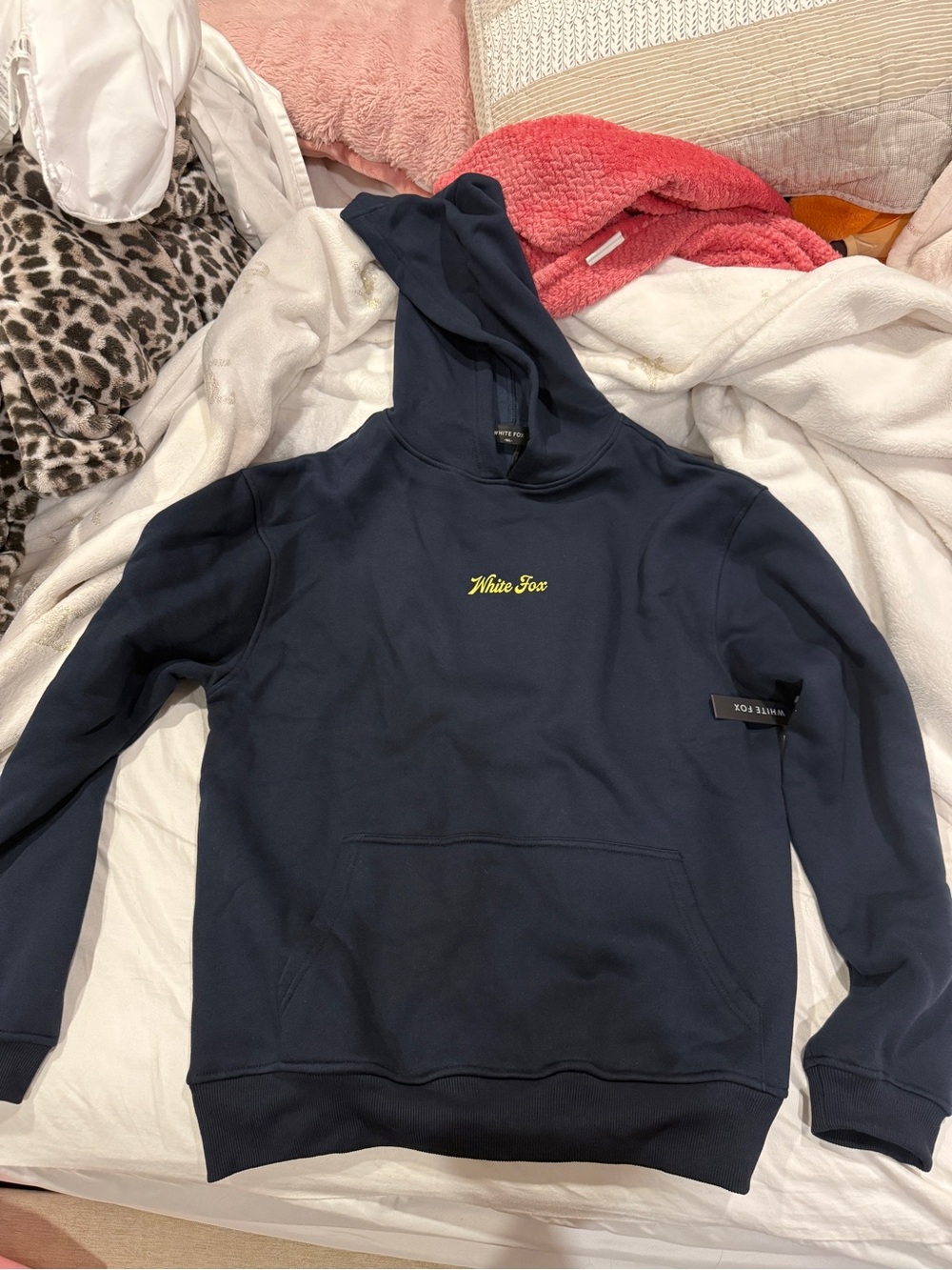white fox dark navy hoodie